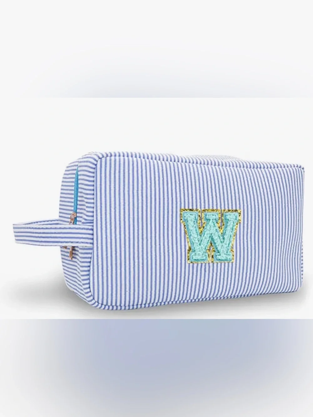 Searsucker/ Striped Blue Cosmetic Case with Aqua 'W' initial